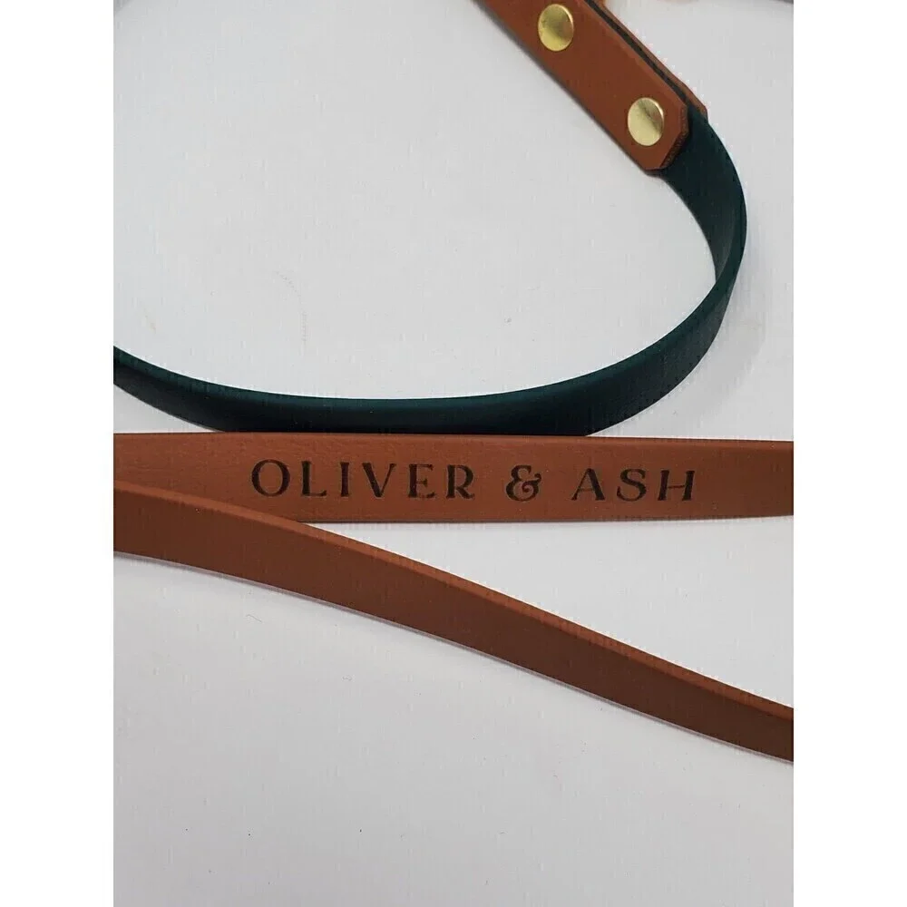 OLIVER & ASH DESIGNS CUSTOM DOG LEASH DARK GREEN & COGNAC BROWN BRASS HARDWARE